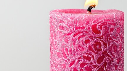 Wall Mural -   Close-up photo of a pink candle with lit wax at center against white backdrop