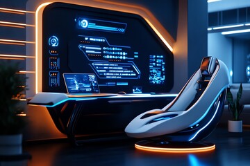 Poster - Futuristic workspace featuring a sleek chair and advanced technology with glowing accents, ideal for creative projects.