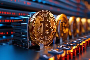 Poster - Golden Bitcoin coins displayed in a modern cryptocurrency mining setup with glowing lights and advanced tech equipment.