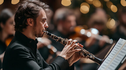 Close-up of a male oboist intensely playing during a classical music concert, with a blurred orchestra in the background.