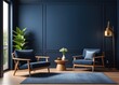 © Hendry - Stylish Modern wooden living room has an armchair on empty dark blue wall background