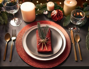 A festive holiday table setting with elegant dinnerware, candles, and seasonal decorations