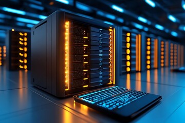 Poster - Modern data center featuring illuminated server racks and a sleek laptop, showcasing advanced technology in a vibrant setting.