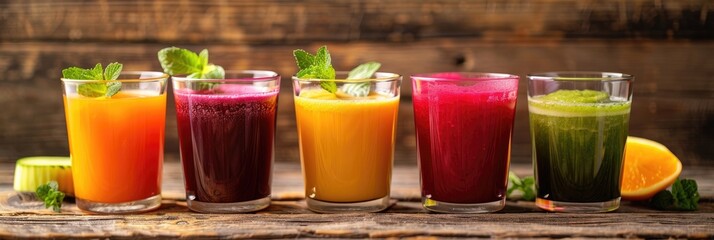 Sticker - Assorted Fresh Vegetable Juices in Glasses on a Wooden Surface