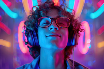 A young man with curly hair, wearing glasses and headphones