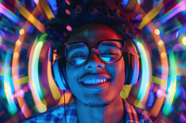 A young man with curly hair, wearing glasses and headphones