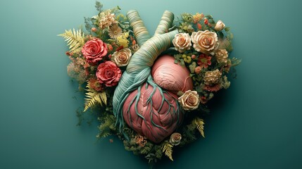 A realistic human heart surrounded by blooming flowers, representing the connection between life, love, and emotional growth, set against a soft natural background