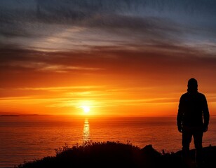 Wall Mural - A lone figure silhouetted against a vibrant sunset, contemplating the horizon.