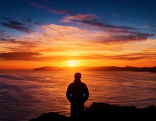 Wall Mural - A lone figure silhouetted against a vibrant sunset, contemplating the horizon.