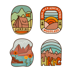 Wall Mural - Outdoor adventure badges set. Camping adventure labels in retro flat style. Mountain logo graphics for t-shirt. Stock colorful artwork with tent