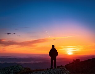 Wall Mural - A lone figure silhouetted against a vibrant sunset, contemplating the horizon.