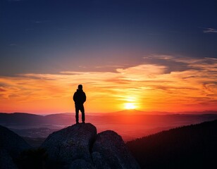 Wall Mural - A lone figure silhouetted against a vibrant sunset, contemplating the horizon.