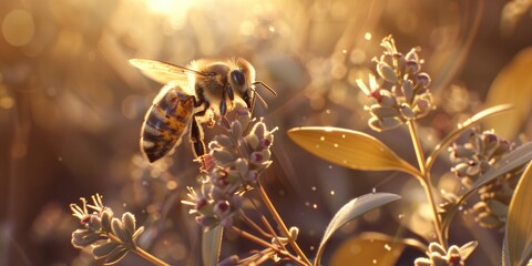 Wall Mural - European honey bee Apis mellifera resting on a nightshade plant