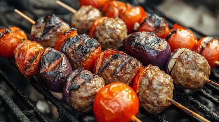 Wall Mural - Meatballs and eggplant in a Turkish Kebab. Freshly cooked eggplant kebabs cooked over a barbecue with tomatoes. Middle Eastern cooking