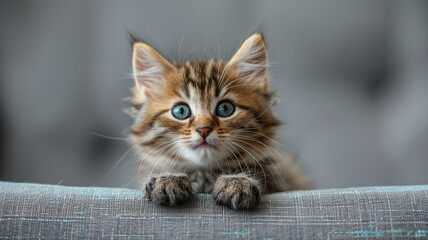 Wall Mural - Little gray kitten looking at the camera close up