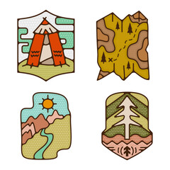 Wall Mural - Outdoor adventure badges collection. Camping adventure labels in retro flat style. Mountain logo graphics for t-shirt. Stock colorful artwork design with tent