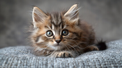 Wall Mural - Little gray kitten looking at the camera close up