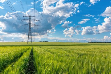 Poster - A natural landscape scene featuring green grass and power lines in the background