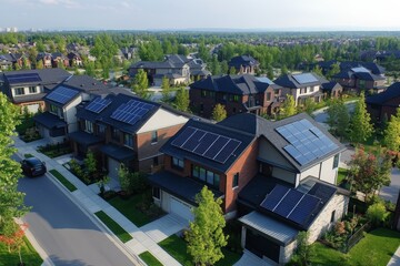 Wall Mural - Multiple houses featuring solar panels on their roofs are visible in a suburban neighborhood, emphasizing eco-friendly residential development