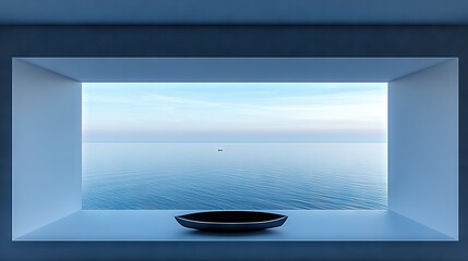 Canvas Print -   A room with a view of a distant body of water has a bowl in its center