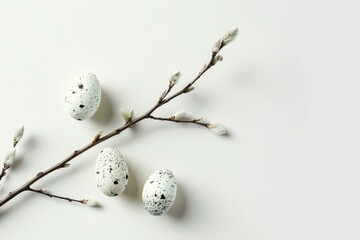 Poster - Three speckled bird eggs resting on a tree branch, possibly in a nest