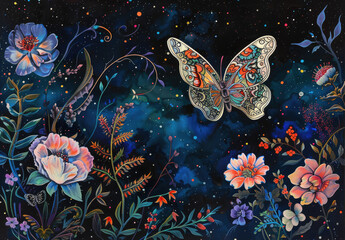 Wall Mural - Acrylic painting of a butterfly flying in the night sky, surrounded by flowers and vines