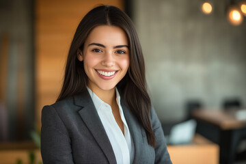 A confident young woman with long dark hair smiles warmly, dressed in a professional grey blazer and white shirt, standing in a modern office setting with a blurred background.