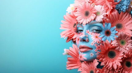 Wall Mural - Portrait of a beautiful young and confident girl whose face and head are covered with fresh blooming flowers, on a simple monochrome background, with warm, gentle colors