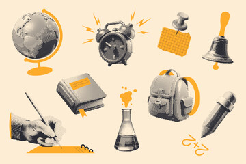 Retro pixel halftone set. Y2K photocopy effect, anti-design, mixed media collage. Grunge bitmap texture. Back to school. Globe, alarm clock, backpack, book, flask, hand writing, pencil, class bell.