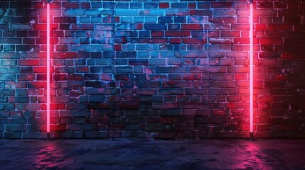 A brick wall with two vertical neon lights on either side, casting a pink glow on the ground.