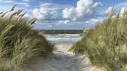 Canvas Print -  A sandy trail leads to the ocean with grass in the foreground and a clear blue sky with fluffy white clouds