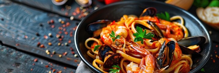 Sticker - Seafood Pasta in Tomato Sauce on Plate, featuring Mussels and Clams, a Fusion Dish from Italian, Spanish, and Greek Cuisine