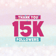 Sticker - Thank you 15K Followers celebration banner design with pastel colors and colorful confetti