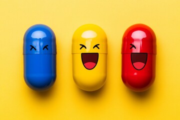 Sticker - Expressive illustration of three capsule characters in red yellow and blue each with a different emotion representing the diverse feelings associated with healthcare and medication