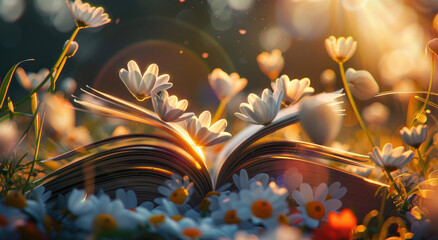 Wall Mural - An open book with pages shaped like hearts, surrounded by blooming flowers and the warm glow of sunlight in the background