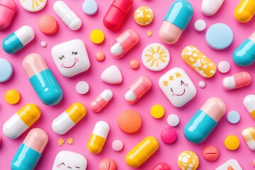 Sticker - Lively and energetic arrangement of various pills and capsules in a playful pattern on a vibrant background highlighting the fun and creativity in healthcare and medication design