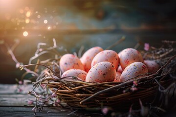 Poster - A basket containing eggs placed on a wooden surface, perfect for farm-to-table or rustic-themed uses