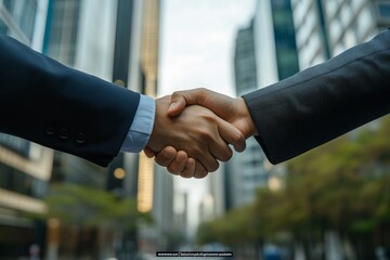 Two professionals shake hands confidently in suits with a blurred city backdrop, symbolizing partnership and agreement in a bustling urban environment