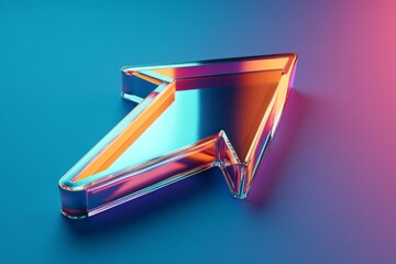 Poster - a striking holographic arrow icon in chrome features a smooth design against a solid, colorful backd
