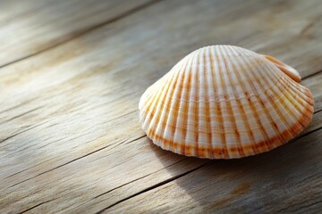 Poster - A delicate shell is positioned on a wooden tabletop, softly lit by natural light that accentuates its intricate details and textures