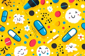 Sticker - Playful and vibrant pattern of various pills and capsules arranged in a dynamic composition on a bright background symbolizing the energy and diversity in healthcare