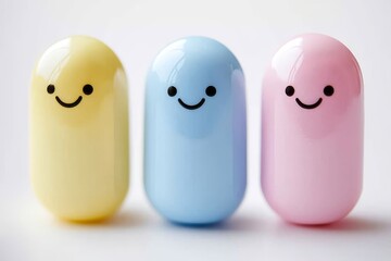 Sticker - Adorable trio of pastel colored capsule characters with happy faces set against a light background symbolizing unity and positivity in healthcare