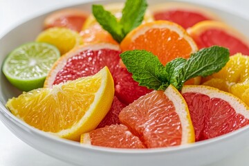 Vibrant citrus fruit salad with sliced orange, grapefruit, and lime, beautifully garnished with fresh mint for a refreshing treat