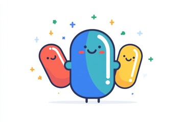 Wall Mural - Adorable and whimsical illustration of pill characters with happy faces set against a bright background symbolizing the joy and positivity in healthcare and medication