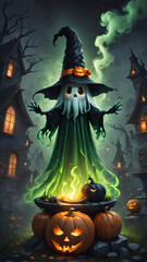 Wall Mural - poster, Halloween card with cute ghost. Holiday cartoon character.	