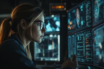 Poster - A female IT specialist intently examines multiple screens for potential digital threats in a shadowy office