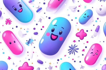 Sticker - Playful and vibrant pattern of various capsule characters with happy faces arranged on a white background symbolizing diversity and fun in healthcare