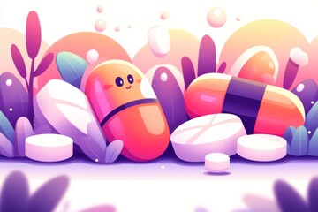 Wall Mural - Vibrant and magical illustration of a pill character surrounded by glowing capsules set against a dark background symbolizing the wonder and energy in healthcare