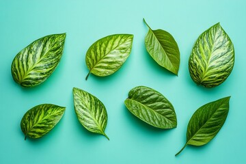 Poster - A collection of vibrant plant leaves is arranged beautifully on a solid color background, highlighting their unique patterns and lush greenery