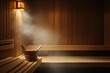 © Elmira - The warm steam room emanates a soothing glow, showcasing wooden benches and a traditional bucket, inviting relaxation and tranquility after a long day